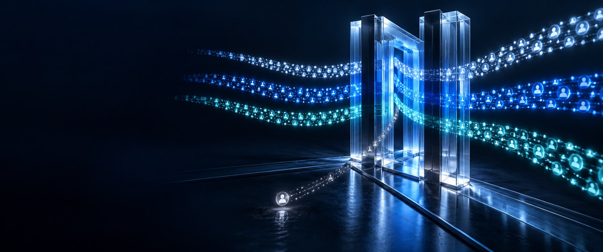 Identity streams passing through a glass access gate